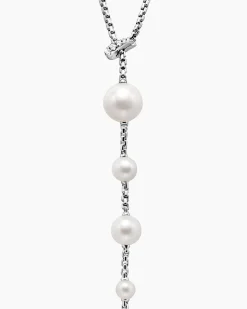 Pearl and Pavé Y Necklace Sterling Silver with Pearls and Diamonds