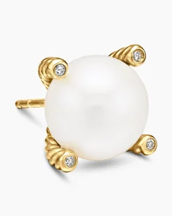 Pearl Stud Earrings 18K Yellow Gold with Pearls and Diamonds, 14mm