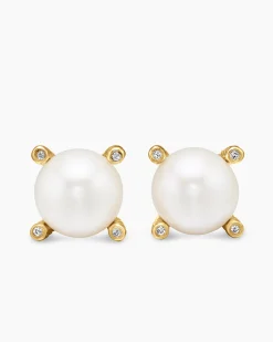 Pearl Stud Earrings 18K Yellow Gold with Pearls and Diamonds, 14mm