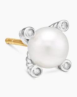 Pearl Stud Earrings Sterling Silver with Pearls and Diamonds, 7.4mm