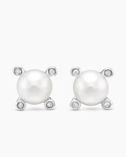 Pearl Stud Earrings Sterling Silver with Pearls and Diamonds, 7.4mm