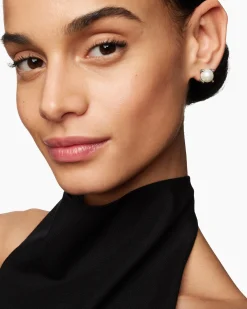 Pearl Stud Earrings Sterling Silver with Pearls and Diamonds, 14mm