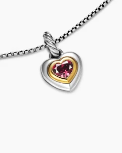 Petite Cable Heart Pendant Necklace Sterling Silver with 14K Yellow Gold and Rhodolite Garnet, 17.1mm