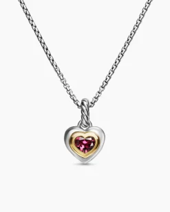Petite Cable Heart Pendant Necklace Sterling Silver with 14K Yellow Gold and Rhodolite Garnet, 17.1mm