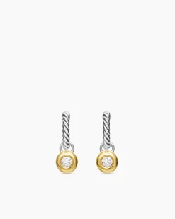 Petite Cable Huggie Drop Earrings Sterling Silver with 14K Yellow Gold and Diamonds, 17.5mm