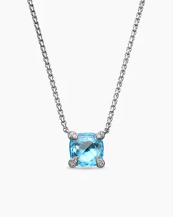 Petite Chatelaine® Pendant Necklace Sterling Silver with Blue Topaz and Diamonds, 9mm