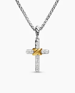 Petite Cross Necklace Sterling Silver with 18K Yellow Gold with Diamonds, 20.8mm