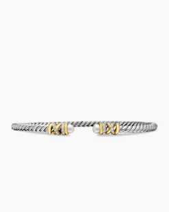 Petite Helena Classic Cable Bracelet Sterling Silver with 18K Yellow Gold, Pearls and Diamonds, 3mm