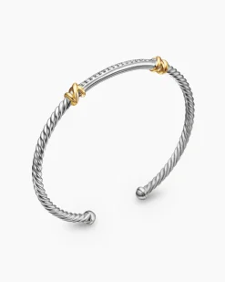 Petite Helena Classic Cable Station Bracelet Sterling Silver with 18K Yellow Gold with Diamonds, 3mm