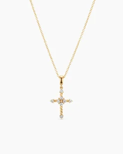 Petite Modern Renaissance® Cross Pendant Necklace 18K Yellow Gold with Diamonds, 15.9mm