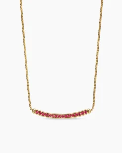 Petite Pavé Bar Necklace 18K Yellow Gold with Rubies, 1.25mm