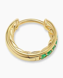 Petite Pavé Huggie Hoop Earrings 18K Yellow Gold with Emeralds, 12mm