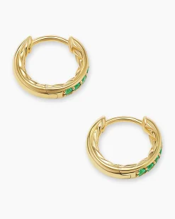 Petite Pavé Huggie Hoop Earrings 18K Yellow Gold with Emeralds, 12mm