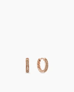 Petite Pavé Huggie Hoop Earrings 18K Rose Gold with Cognac Diamonds, 12mm