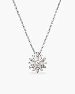 Petite Starburst Pendant Necklace Sterling Silver with Diamonds, 10.5mm