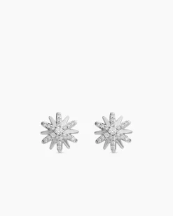Petite Starburst Stud Earrings Sterling Silver with Diamonds, 10mm