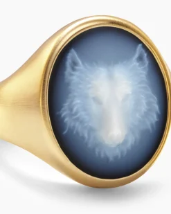 Petrvs® Wolf Signet Ring 18K Yellow Gold with Banded Agate, 21.5mm