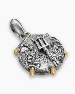 Poseidon Amulet Sterling Silver with 18K Yellow Gold, 26.4mm