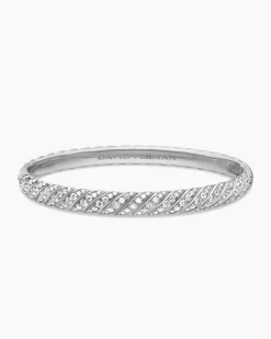 Sculpted Cable Bangle Bracelet 18K White Gold with Diamonds, 6.2mm