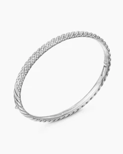 Sculpted Cable Bangle Bracelet 18K White Gold with Diamonds, 4.6mm