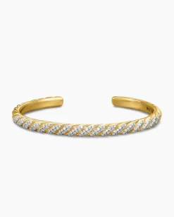 Sculpted Cable Cuff Bracelet 18K Yellow Gold with Diamonds, 5.5mm