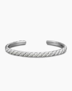 Sculpted Cable Cuff Bracelet 18K White Gold with Diamonds, 5.5mm