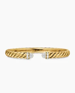 Sculpted Cable Cuff Bracelet 18K Yellow Gold with Pavé Diamond Domes, 6.2mm