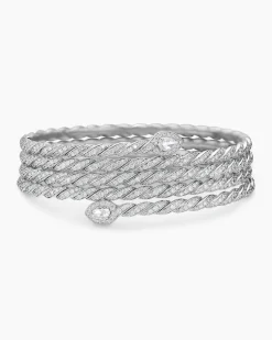 Sculpted Cable Flex Five Row Coil Bracelet 18K White Gold with Diamonds, 24mm