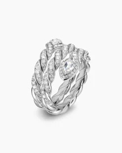 Sculpted Cable Flex Three Row Coil Ring 18K White Gold with Diamonds, 16mm