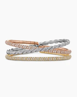 Sculpted Cable Flex Three Row Bracelet 18K Gold with Diamonds, 21mm