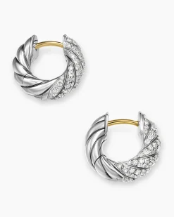 Sculpted Cable Hoop Earrings Sterling Silver with Diamonds, 14.4mm