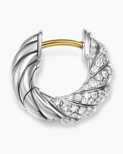 Sculpted Cable Hoop Earrings Sterling Silver with Diamonds, 14.4mm