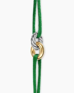 Sculpted Cable Linked Cord Bracelet Green Nylon with Sterling Silver and 14K Yellow Gold, 8.7mm