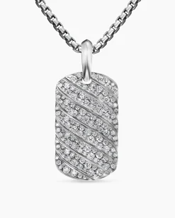 Sculpted Cable Tag 18K White Gold with Diamonds, 27mm