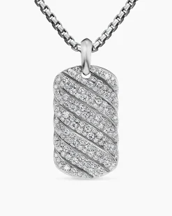 Sculpted Cable Tag 18K White Gold with Diamonds, 35mm
