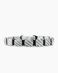 Sculpted Cable Woven Tile Bracelet Sterling Silver and Black Nylon, 8.5mm