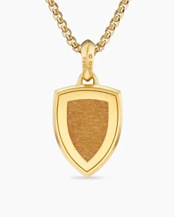 Shield Amulet 18K Yellow Gold with Golden Sun Stone and Black Diamonds, 27mm