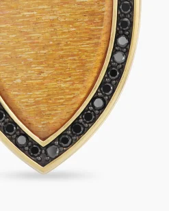 Shield Amulet 18K Yellow Gold with Golden Sun Stone and Black Diamonds, 27mm