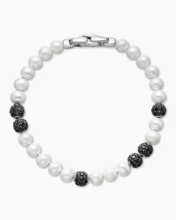 Spiritual Beads Bracelet Sterling Silver with Pearls and Pavé Black Diamonds, 6mm
