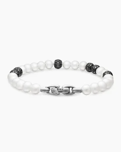 Spiritual Beads Bracelet Sterling Silver with Pearls and Pavé Black Diamonds, 6mm