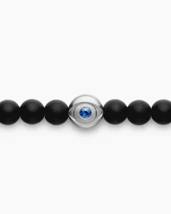 Spiritual Beads Evil Eye Bracelet Sterling Silver with Black Onyx and Sapphire, 4mm