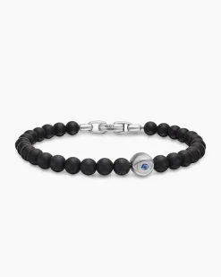 Spiritual Beads Evil Eye Bracelet Sterling Silver with Black Onyx and Sapphire, 6mm