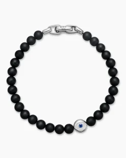 Spiritual Beads Evil Eye Bracelet Sterling Silver with Black Onyx and Sapphire, 6mm