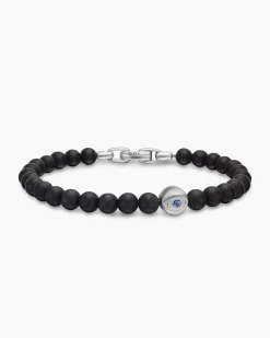 Spiritual Beads Evil Eye Bracelet Sterling Silver with Black Onyx and Sapphire, 6mm