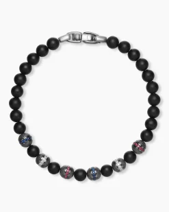 Spiritual Beads Flag Bracelet Sterling Silver with Black Onyx, Sapphires, Diamonds and Rubies, 6mm