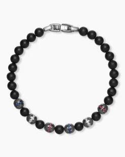 Spiritual Beads Flag Bracelet Sterling Silver with Black Onyx, Sapphires, Diamonds and Rubies, 6mm