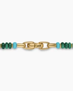 Spiritual Beads Necklace 18K Yellow Gold with Malachite and Turquoise, 4mm