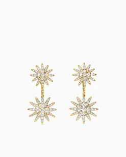 Starburst Double Drop Earrings 18K Yellow Gold with Diamonds, 32.5mm