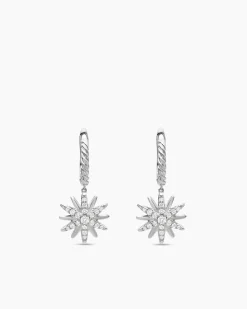 Starburst Drop Earrings Sterling Silver with Diamonds, 25mm