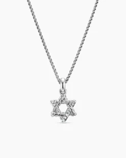 Star of David Pendant Necklace Sterling Silver with Diamonds, 12.3mm